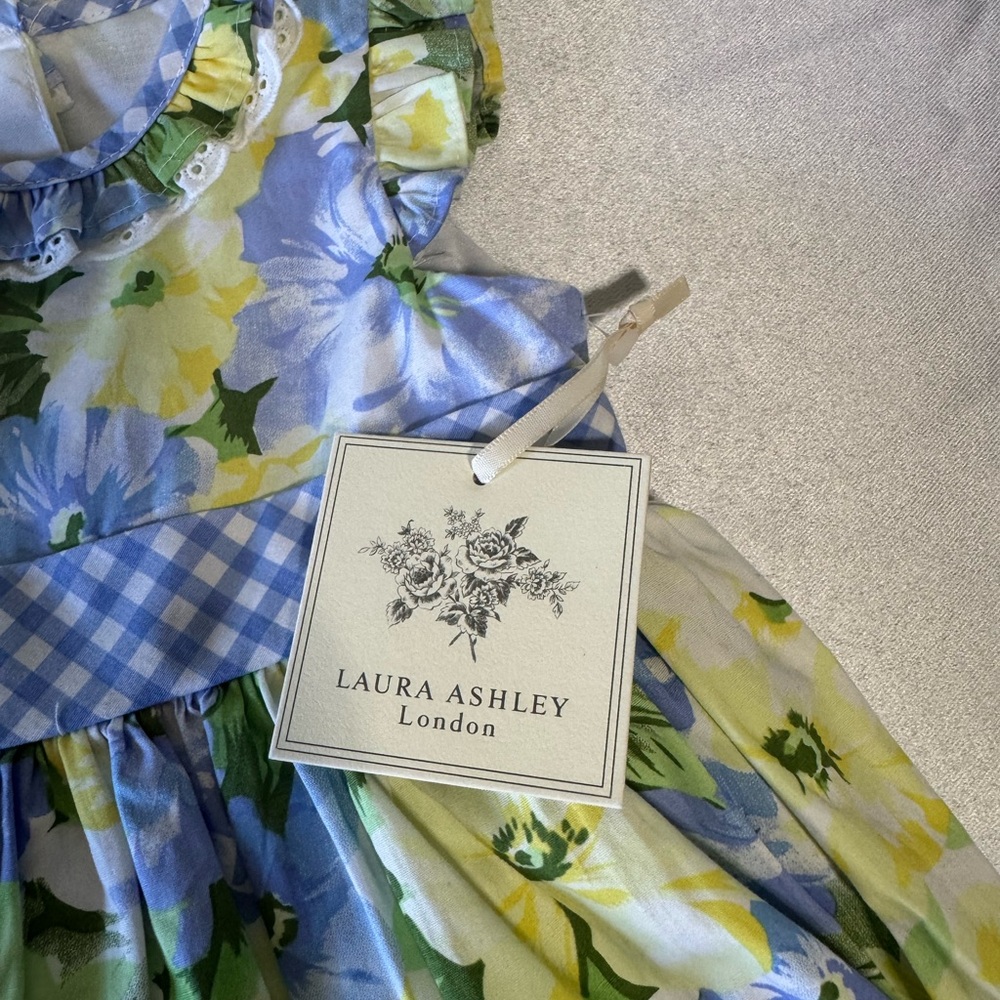 Laura Ashley baby dress w/bloomers, size 12 m, NWT, floral and gingham design - Picture 6 of 7